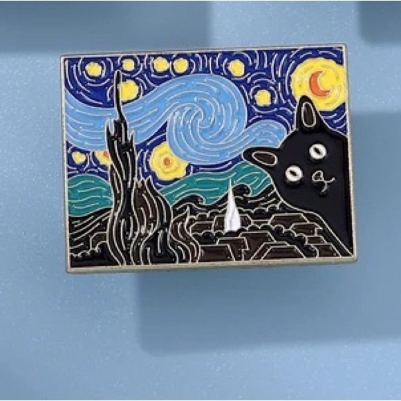 Van Gogh Black Cat Enamel Metal Pin Starry Night Painting Kitty Art History Gift - Picture 2 of 9